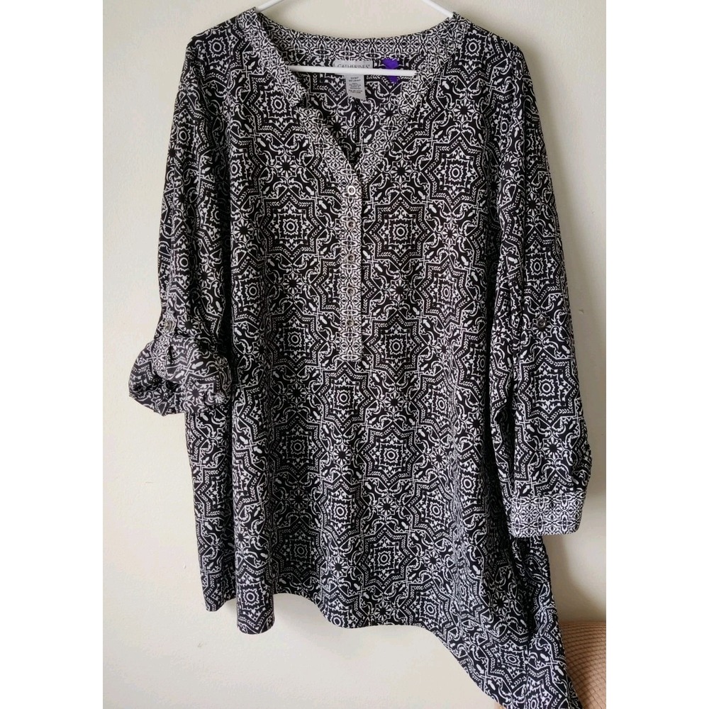 Catherines Blouse Tunic 3X WP Petite Black/White 1/2 Button Roll Tab Sleeve